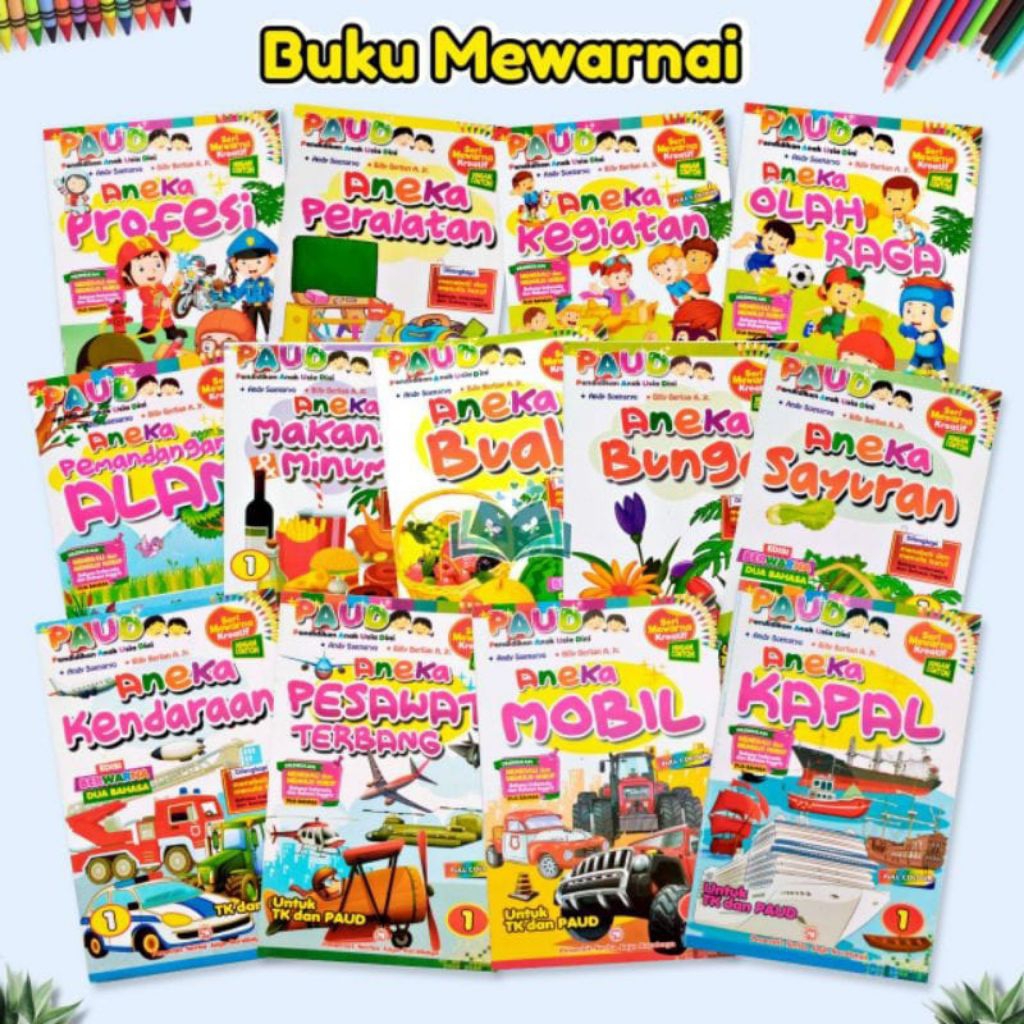 Buku Seri Mewarnai TK Paud Aneka Kendaraan Hewan Profesi DLL