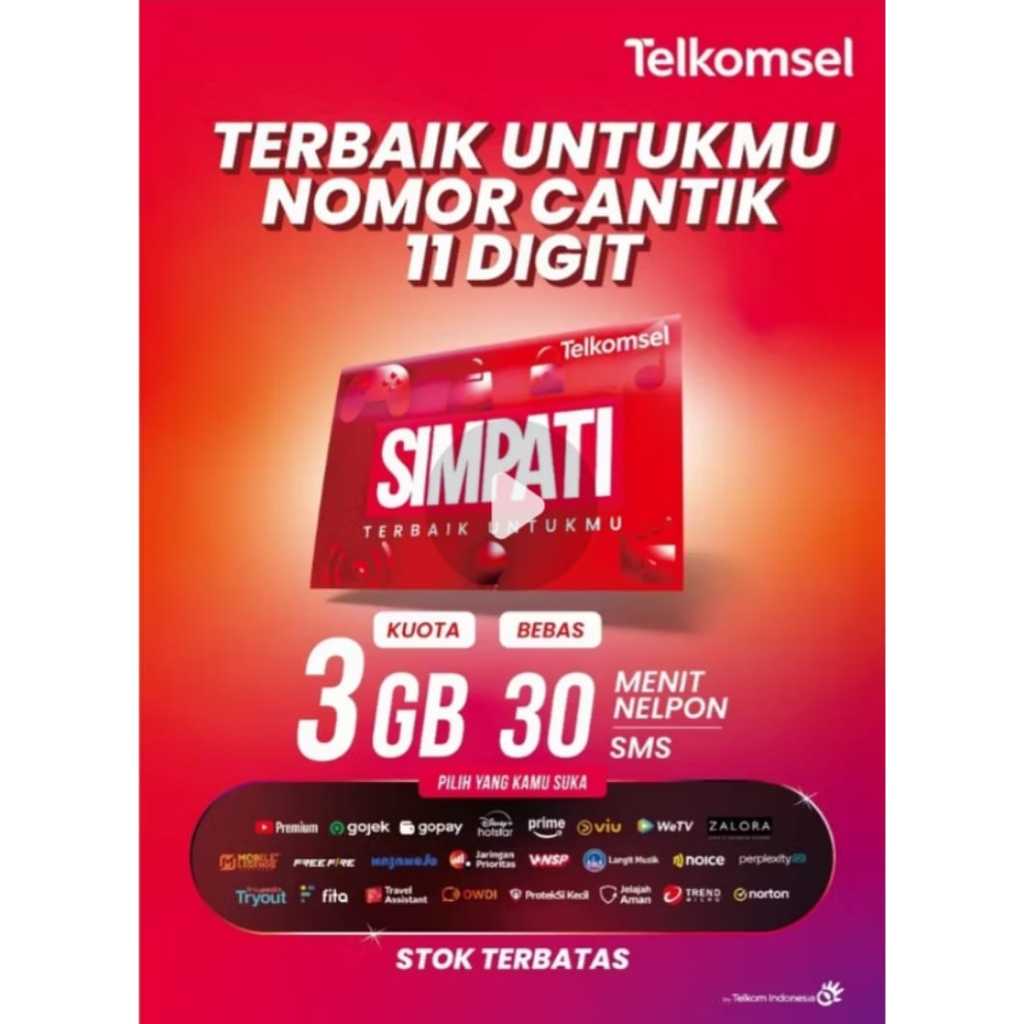 Kartu Perdana Telkomsel Simpati Kuota 3 GB NASIONAL Dikirim Acak 12 Digit dan 11 Digit