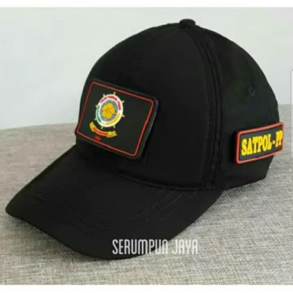 TOPI SATPOL PP HITAM 3 PATCH RUBBER TEMPELAN PEREKAT LEPAS PASANG - TOPI SATPOL PP HITAM TEMPELAN KA