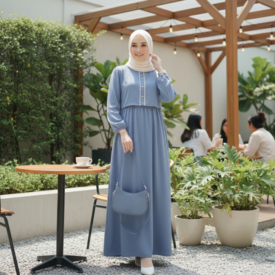 Ameera Dress 2 in 1 Set Gamis & Rompi Terpisah Bahan Crinkle Airflow - Dress Muslimah Kekinian Flowy