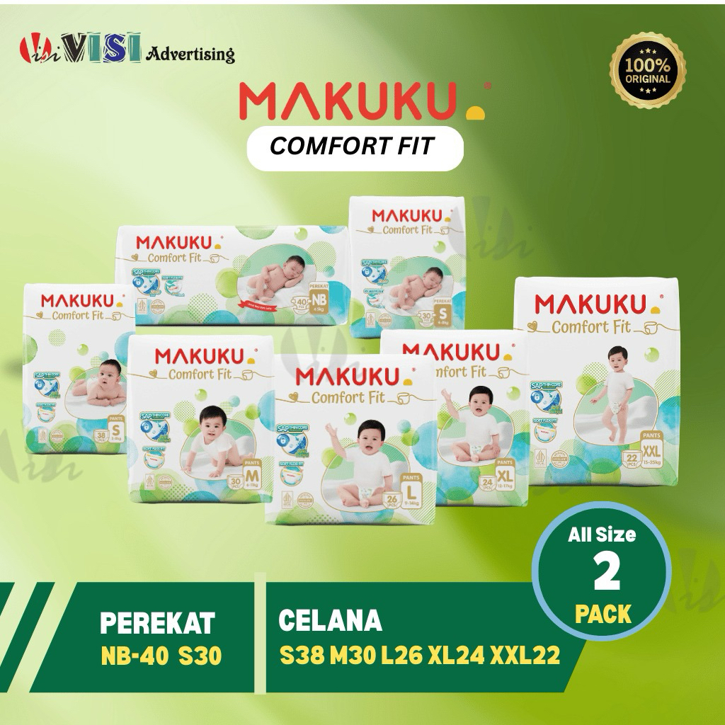 (PAKET 2 BALL) MAKUKU COMFORT FIT PANTS SAP DIAPERS NB-40tape/S30 tape/S38 celana/M28/L26/XL24/XXL22