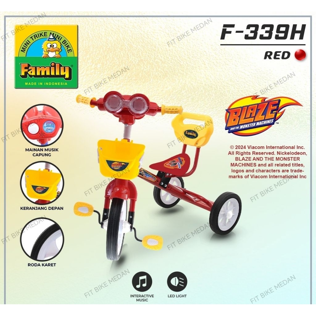 BECAK SEPEDA RODA TIGA TRICYCLE FAMILY F-339H BLAZE MUSIK LAMPU BAN KARET