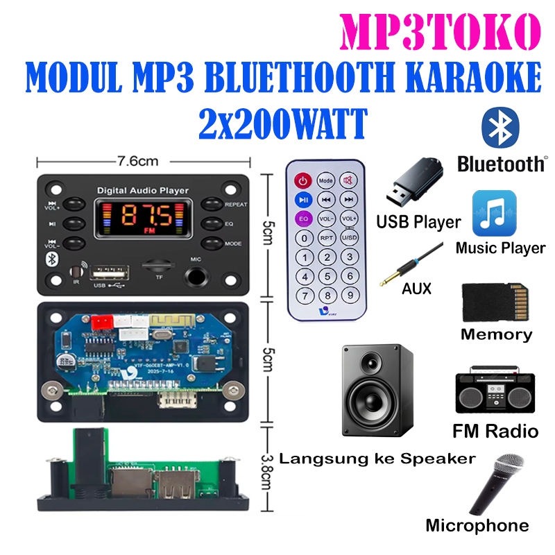 VIRE Papan Audio Dekoder Karaoke MP3 Bluetooth Kit Modul USB Radio FM 12V Model Kotak