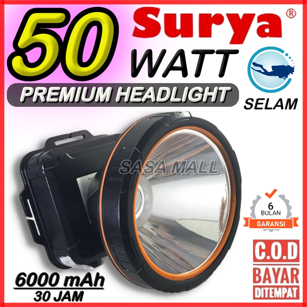 Surya Senter Kepala Nyelam Selam 50w / 55W 50 Watt 55 Watt Super LED SYH L505R atau L555R Baterai Li