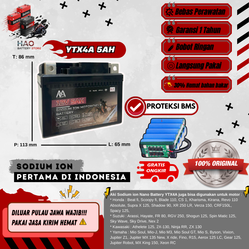 NANO BATTERY Aki Motor Sodium Ion 12V 5AH YTX4A 5AH / GTZ5S / Aki BEAT VARIO110 MIO FINO VIXION BYSO