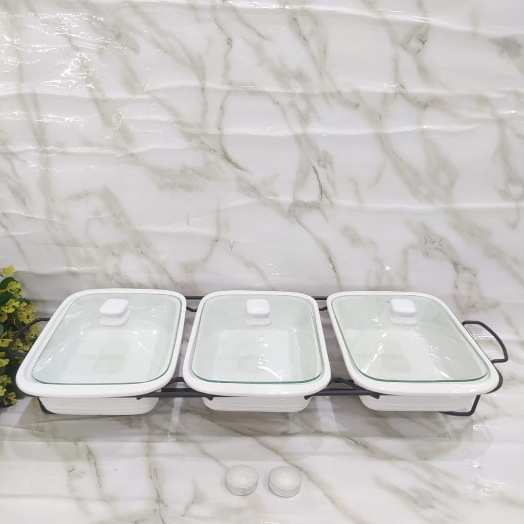 Prasmanan Keramik Tutup Kaca Set 3 Pcs Homeline