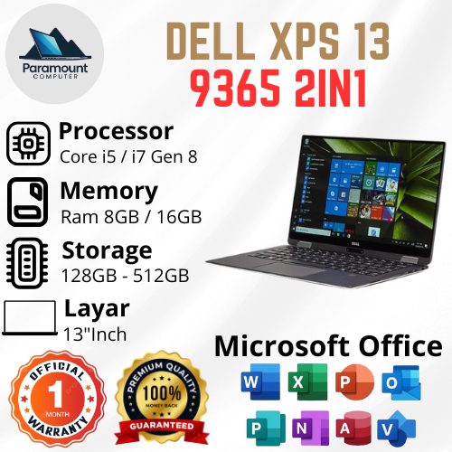 Dell XPS 13 9365 2IN1 Core i5 / i7 Gen 8200Y Ram 8GB SSD 128GB / 256GB / 512GB Layar 12"Full HD
