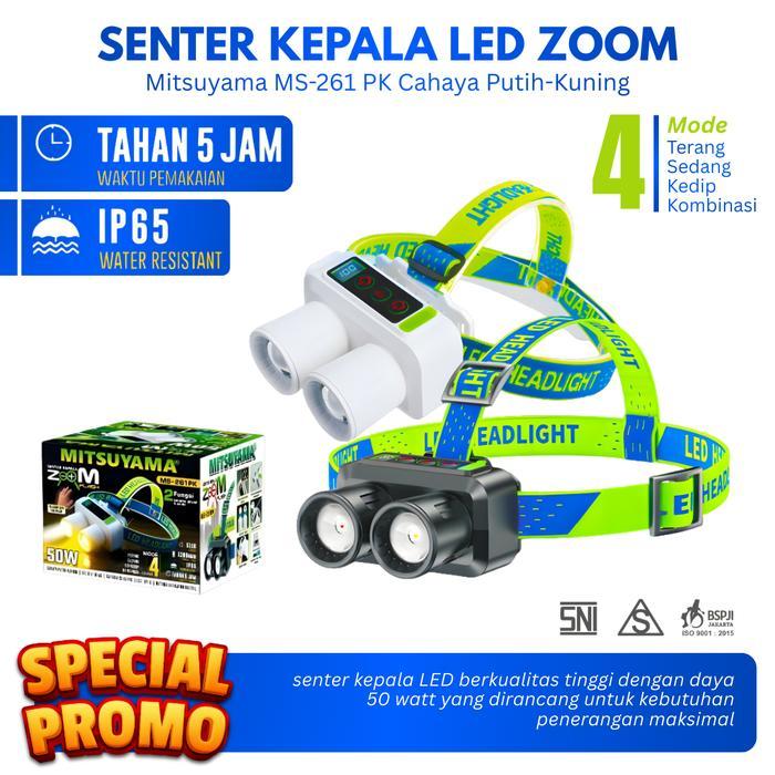 Mitsuyama Senter Kepala Zoom LED 50 Watt seri MS-261PK Cahaya Putih-Kuning Headlamp Flash Light LED 