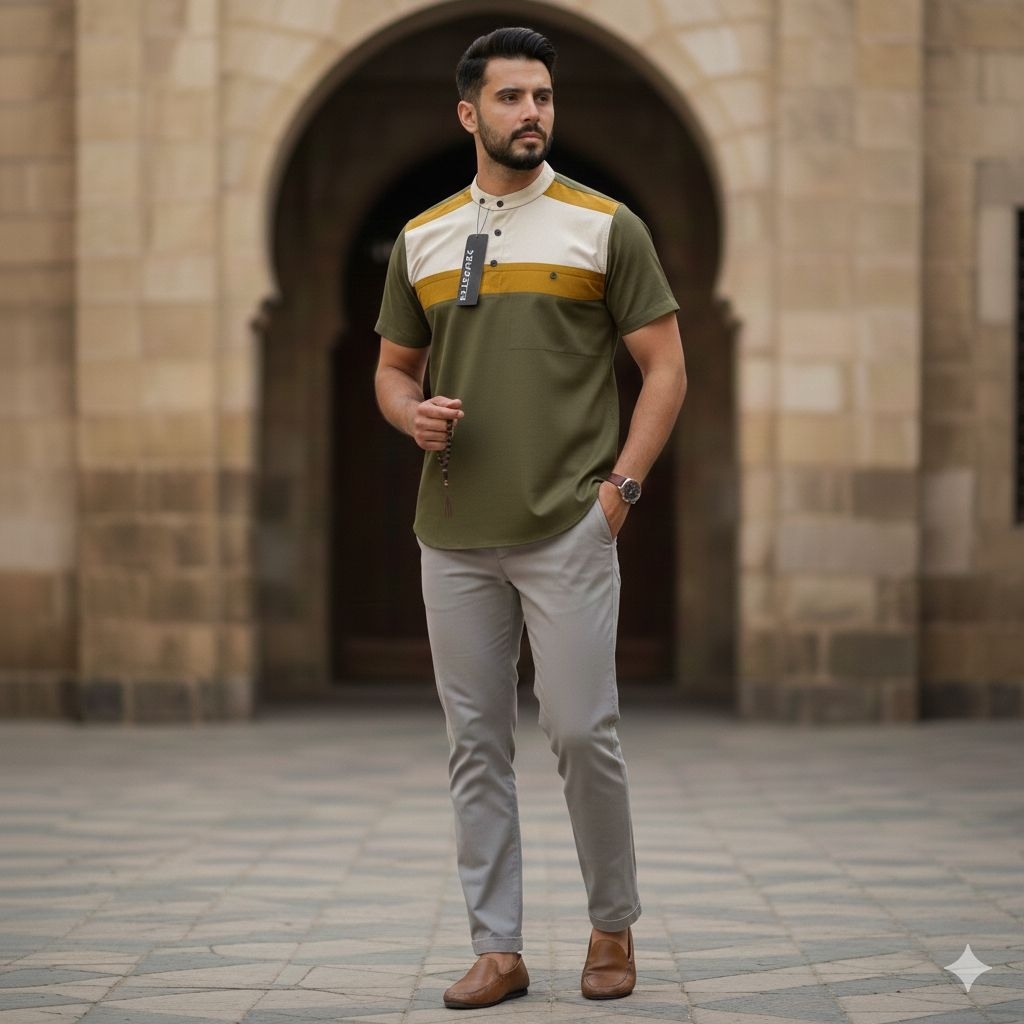 Baju Koko kurta pria Muslim lengan pendek kerah Shanghai