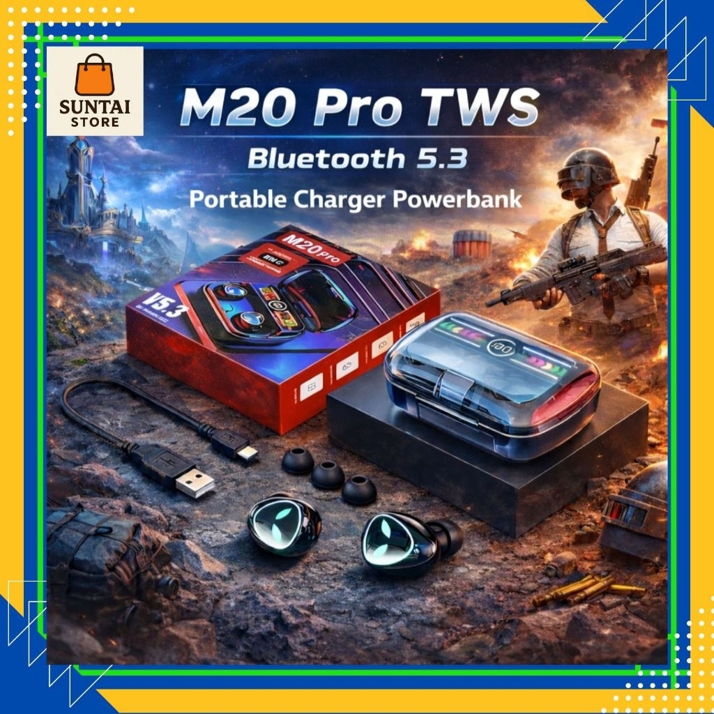 M20 Pro Headset TWS Powerbank Gaming Bluetooth 5.3 Wireless LED Long Battery HIFi Bass Stereo Earbud