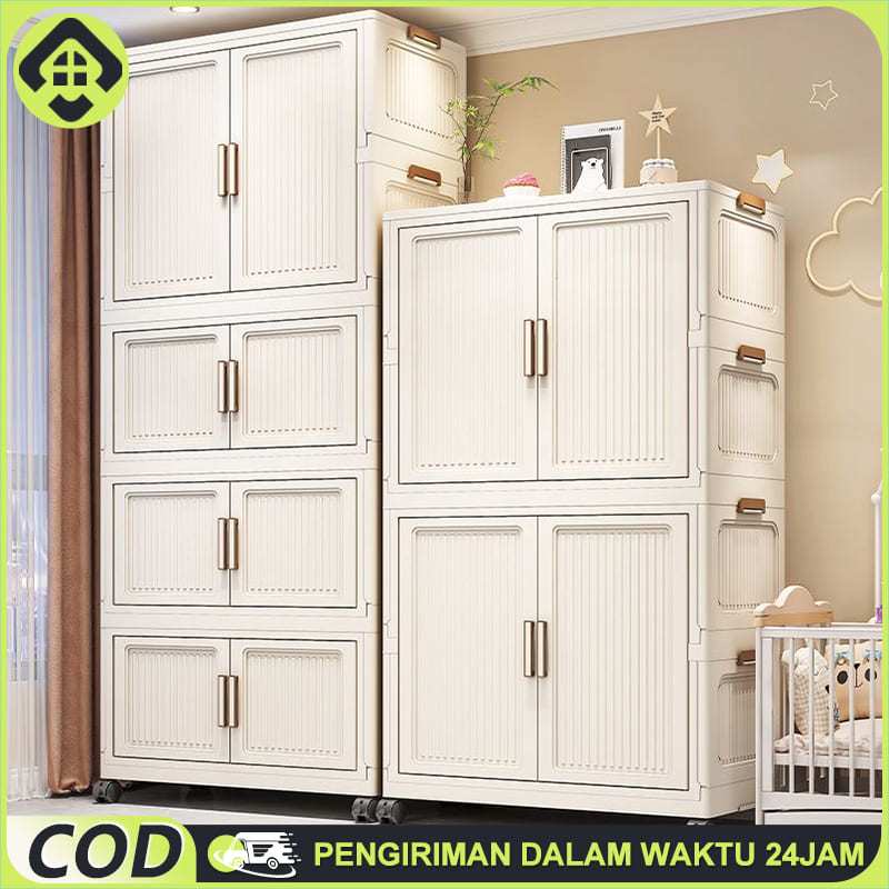 Krim Lemari Pakaian Lemari Baju Storage Wardrobe Lemari Pakaian Plastik Dengan Roda [Ekstra Besar]