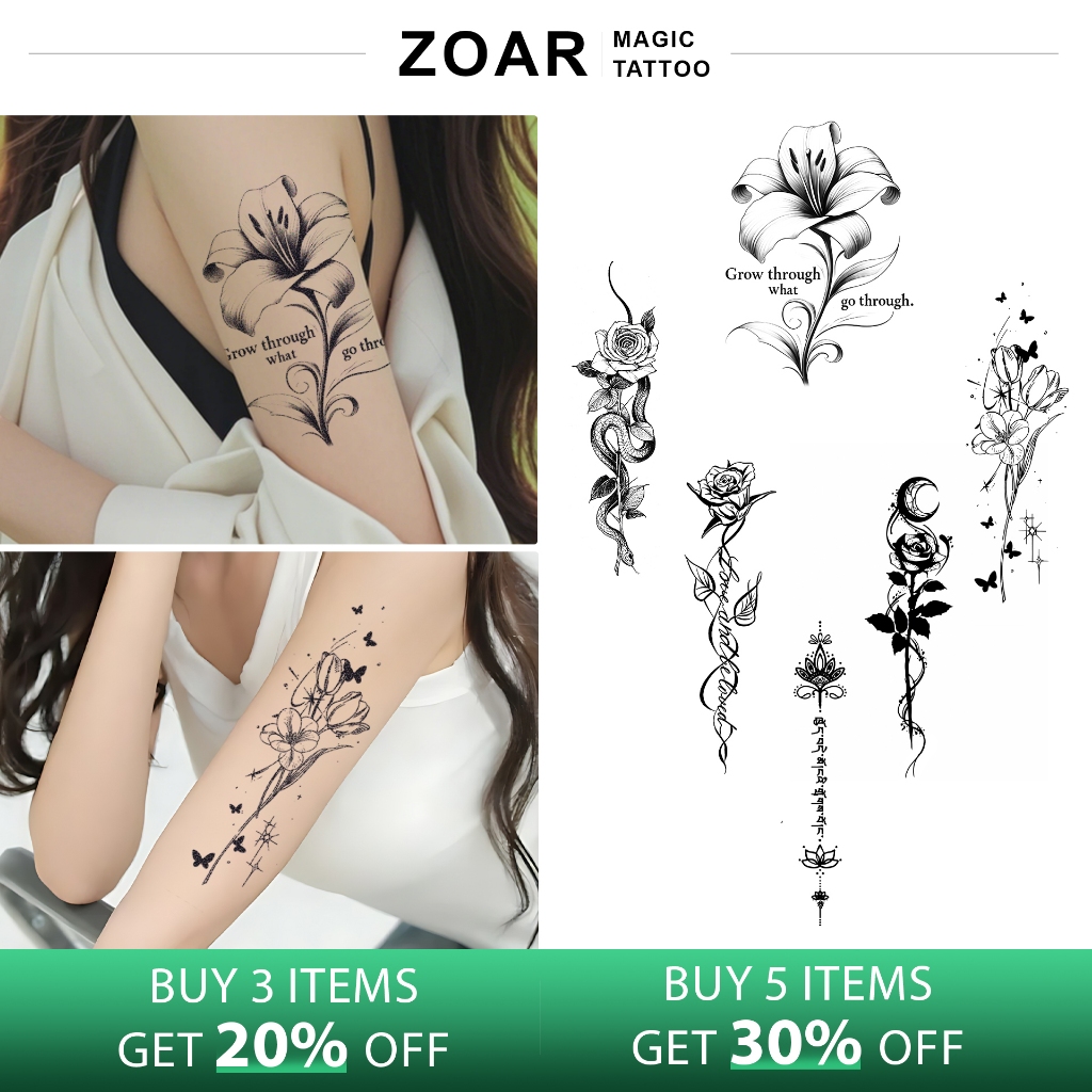 Stiker Tato Sementara  ZOAR Y06 [Kombinasi Bunga Sederhana] Dekorasi Seni Stiker Tato untuk Pria dan
