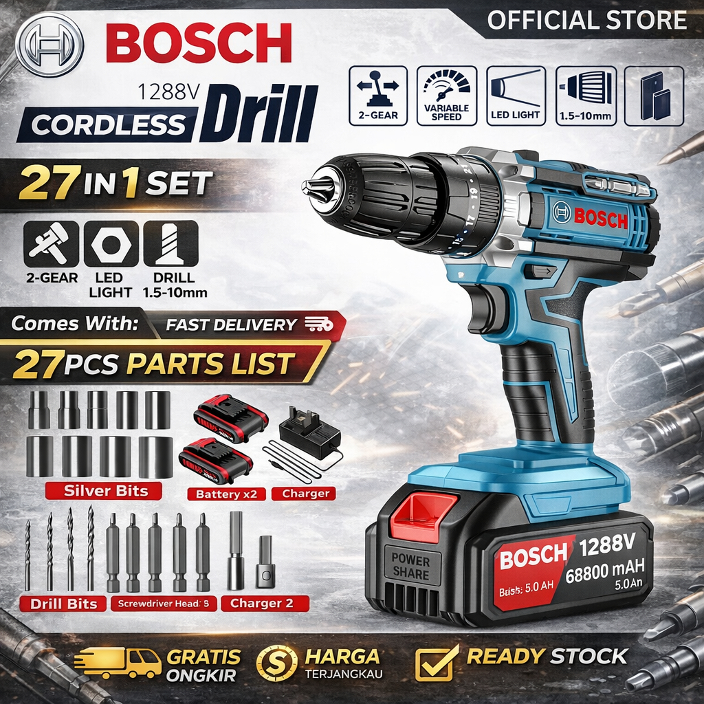 BOSCH Cordless Hand Drill / Bor Tembok Baterai (2 Set Baterai) - Bor Listrik Set Lengkap