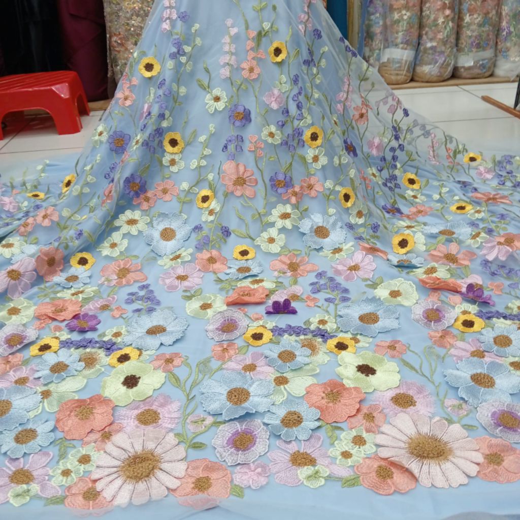 kain/bahan tille bordir garden 3D/bordir bunga timbul