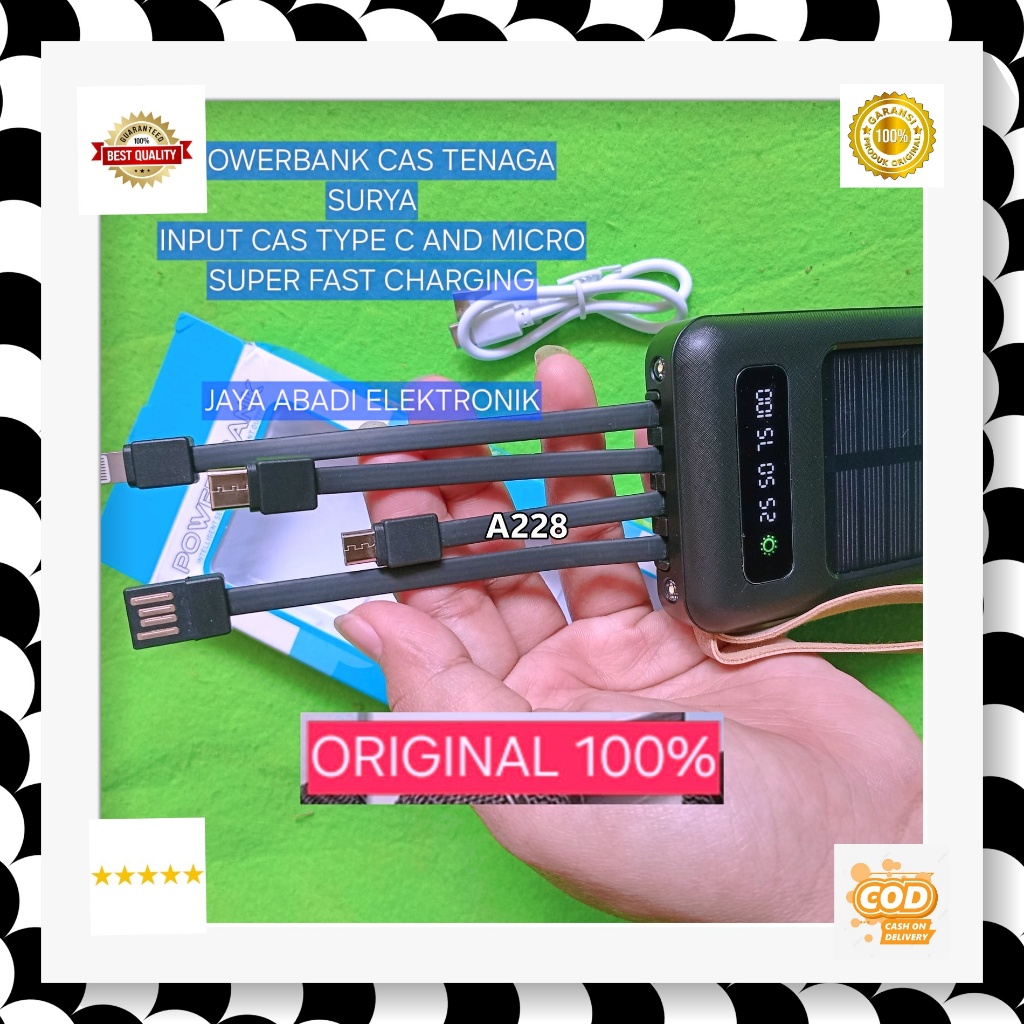 A228 CAS HANDPHONE POWERBANK H100 POWERBANK SOLAR ORI 100% MATAHARI CAS TENAGA SURYA CAHAYA INPUT CA