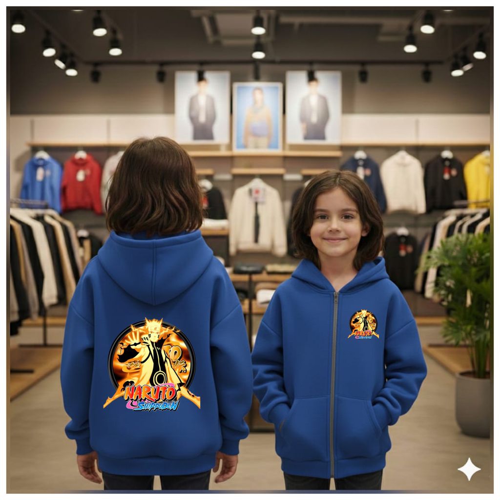 Jaket Hoodie Zipper anak dengan Karakter gambar Uzumaki naruto