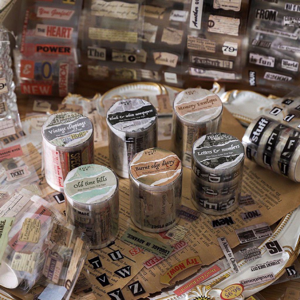 [B1016] Jejak Kertas Seri Waktu, Pita Bekas dengan Teks, Huruf Inggris Retro, Stiker Bahan Dasar Jur