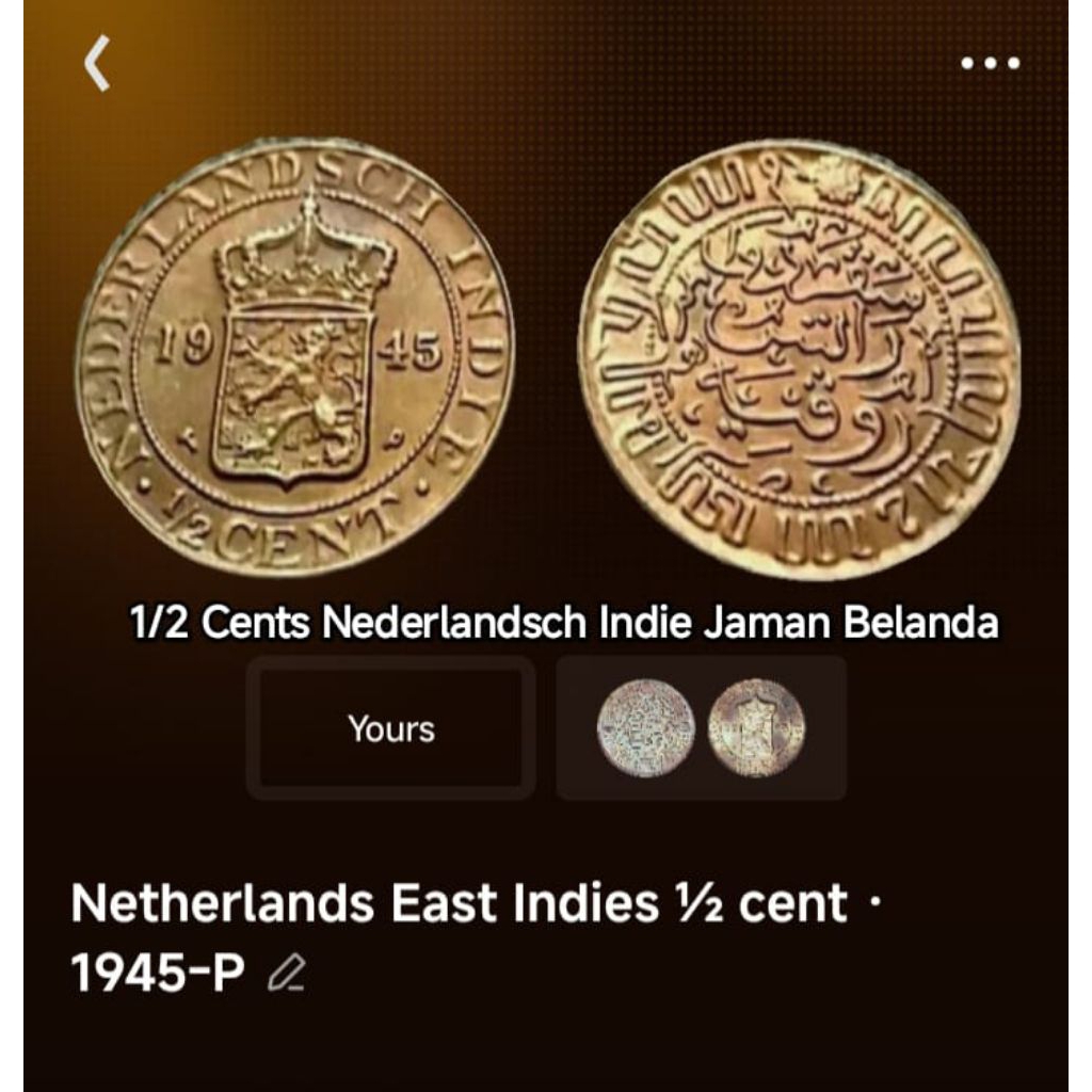 Koin jaman belanda Nederlandsch Indie 1/2 Cents ¹/² Sen 1945 koleksi coin logam Bekas Lama Kuno Jadu