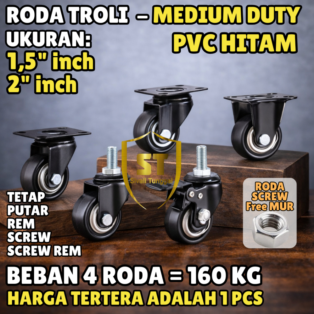 RODA TROLI 1,5" & 2" INCH MEDIUM DUTY  HITAM PU PVC + BEARING - RODA CASTER TAHAN LAMA DAN KOKOH