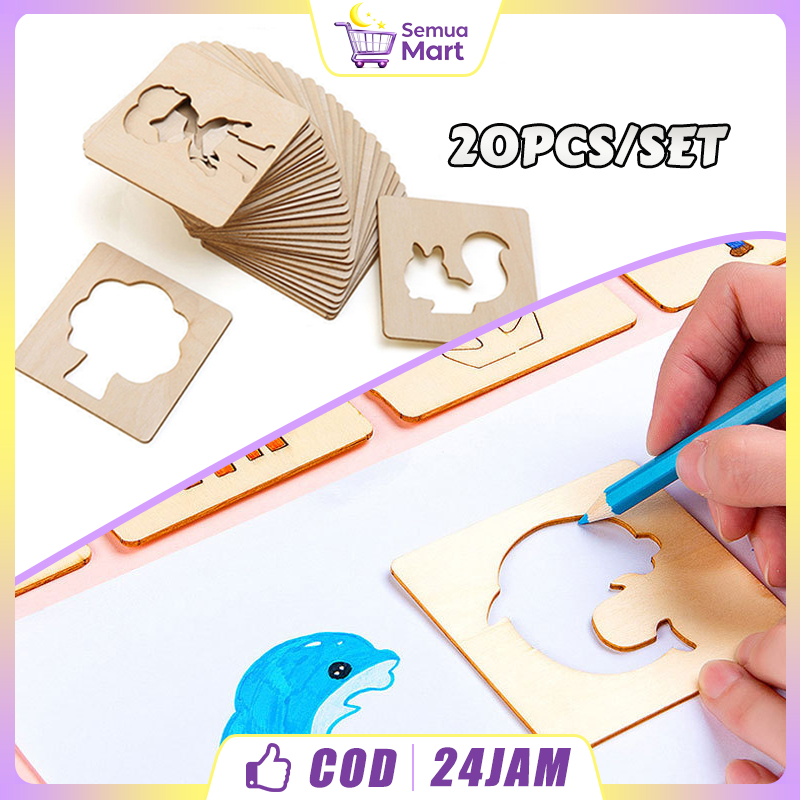 20 Buah Templat Stensil Menggambar Kayu DIY Mainan Pendidikan Anak TK PAUD