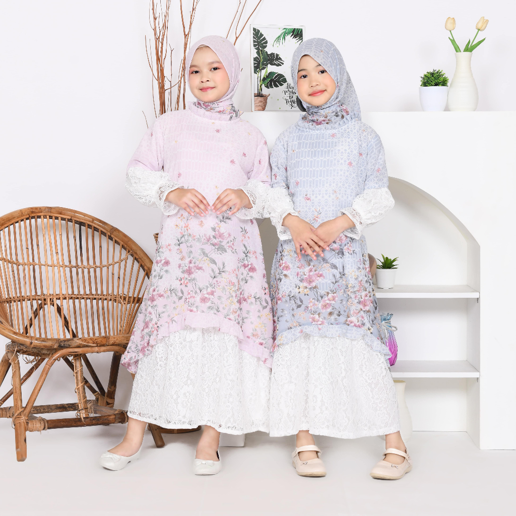 Sinarbaru Kids Baju Gamis Anak Perempuan Ceruty Babydoll Mix Brukat Cantily Umur 3 Sampai 14 Tahun