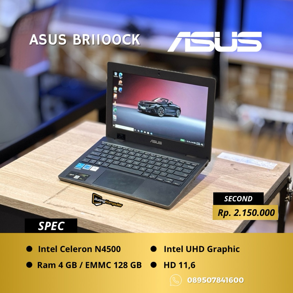 Laptop ASUS BR1100CK Intel Celeron N4500 RAM 4GB EMMC 128 GB HD 11.6 Inch Second Bergaransi