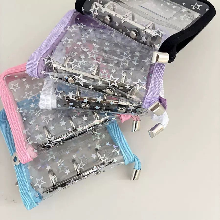 TT- Binder Mini 3 Ring Photocard Zipper | Binder + 10 Sleeve Polos Hologram Star Flower Love | Untuk