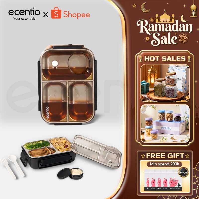 ecentio lunch box stainless 800ml kotak makan stainless 304 tempat makan tempat bekal makan free kot