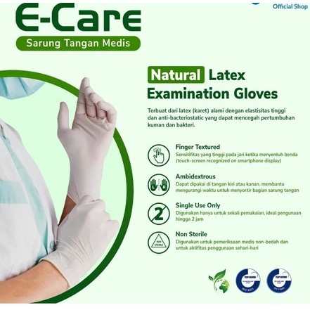 Sarung tangan Latex E- Care 100pcs medis handscoon /bahan karet /melar sekali pakai