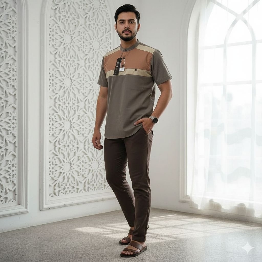 Baju Koko kurta pria Muslim lengan pendek kerah Shanghai