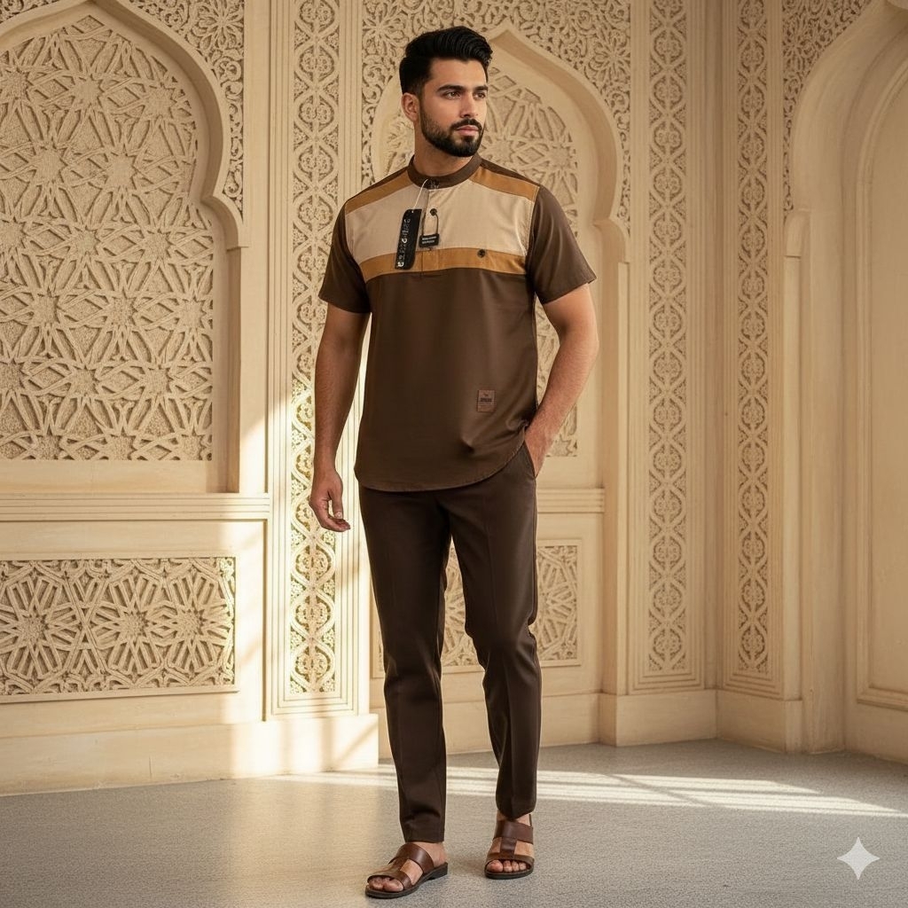 Baju Koko kurta pria Muslim lengan pendek kerah Shanghai