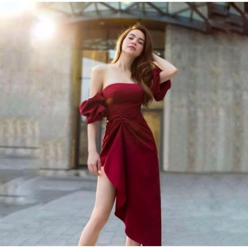 CRYSTAL DRESS - Dress pesta wanita off shoulder sabrina assymetrical dress maroon big size jumbo uku