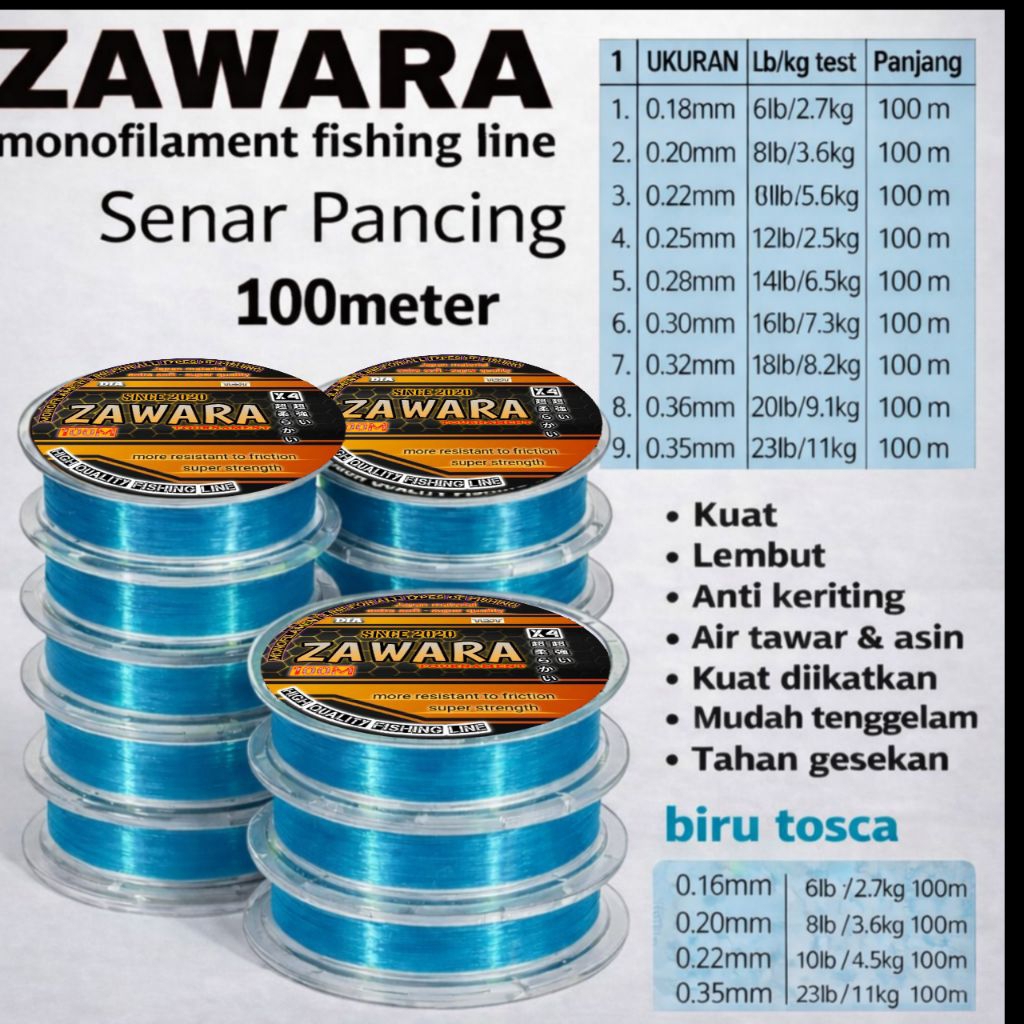 Senar pancing 100 meter zawara biru tosca anti keriting