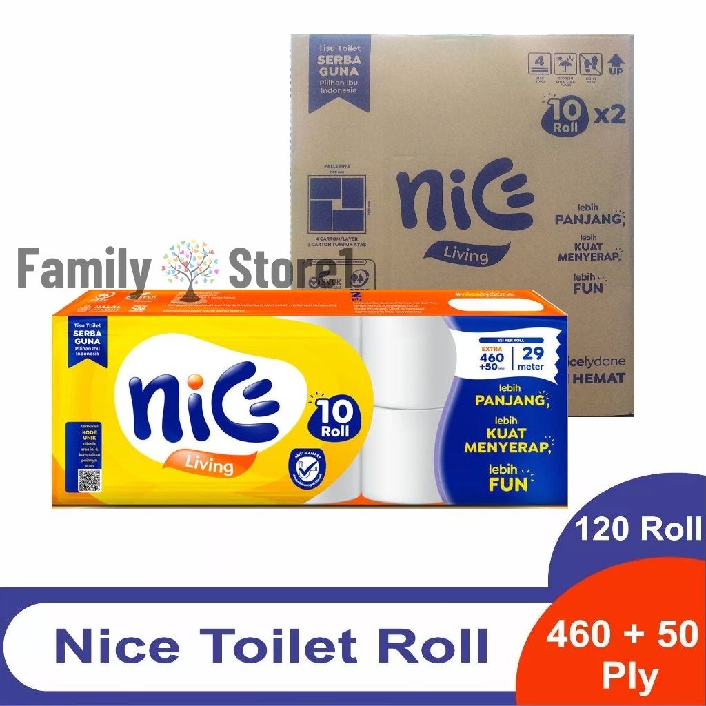 [1 DUS = 120 ROLL] NICE Tissue Toilet Roll Core Emboss 460+50 Helai x 10 Roll