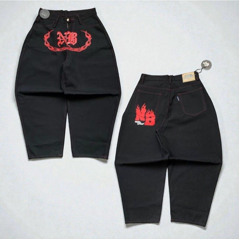 CELANA PANJANG DENIM GOMBRONG BAGGY PANTS SABLON MOTIF NB FIRE UNISEXS SERIES NOTBADCLUB
