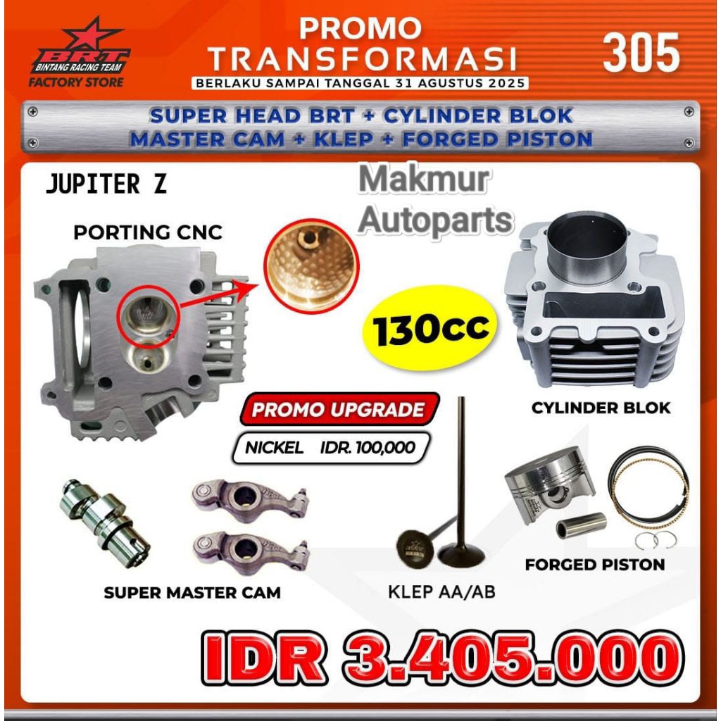 PAKET BORE UP 130CC JUPITER Z BRT HEAD BLOK PISTON NOKEN AS ROCKER ARM KLEP AA/AB BRT