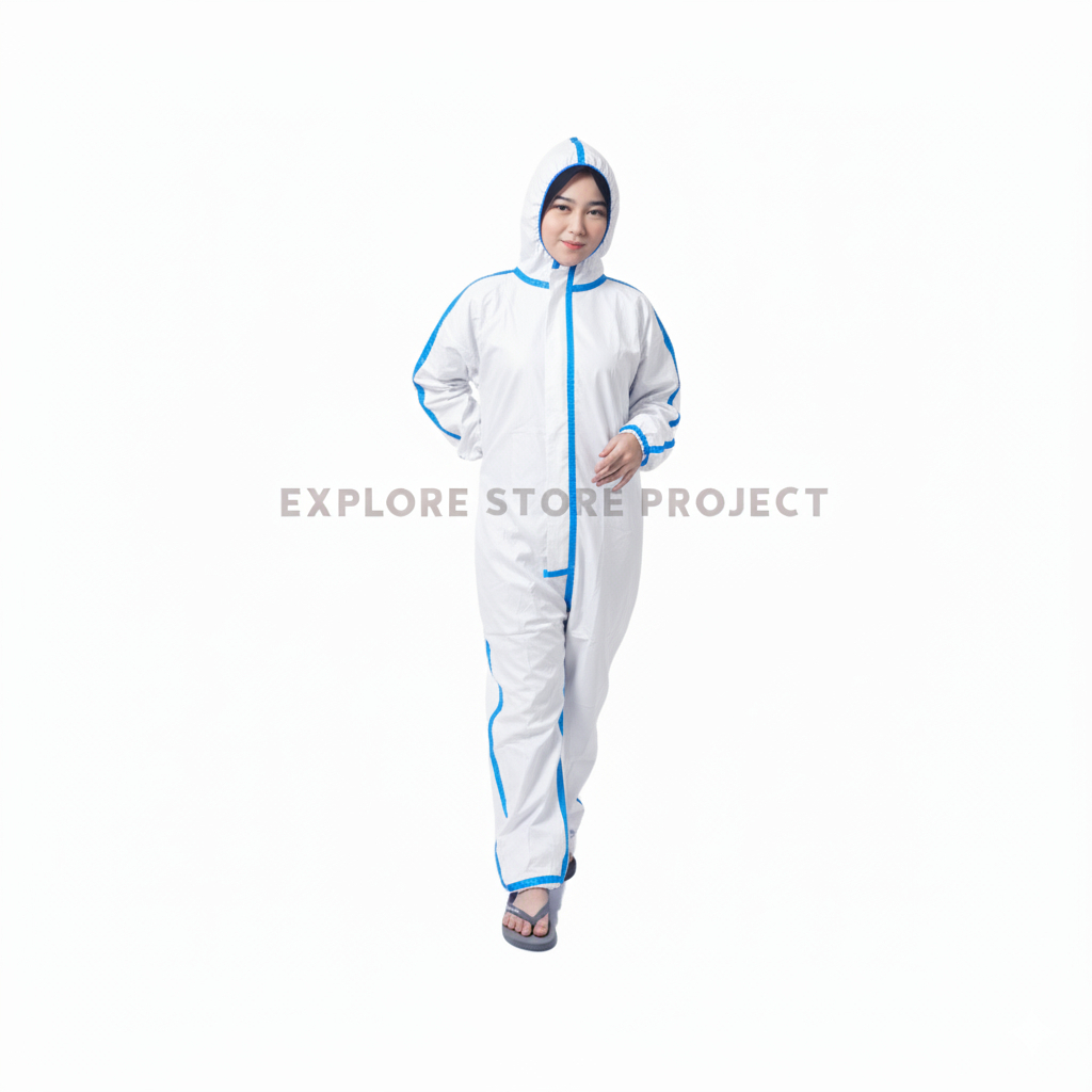 ESP MEDIC - APD HAZMAT Baju Medis REUSABLE | Surgical Gown Premium Putih Lis Biru SEAL TAPE | Level 