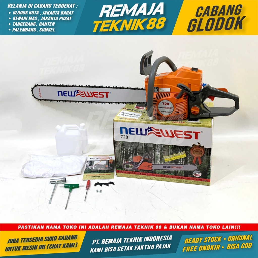 CHAINSAW NEW WEST 728 26" / MESIN GERGAJI KAYU + BAR + RANTAI 26 INCH