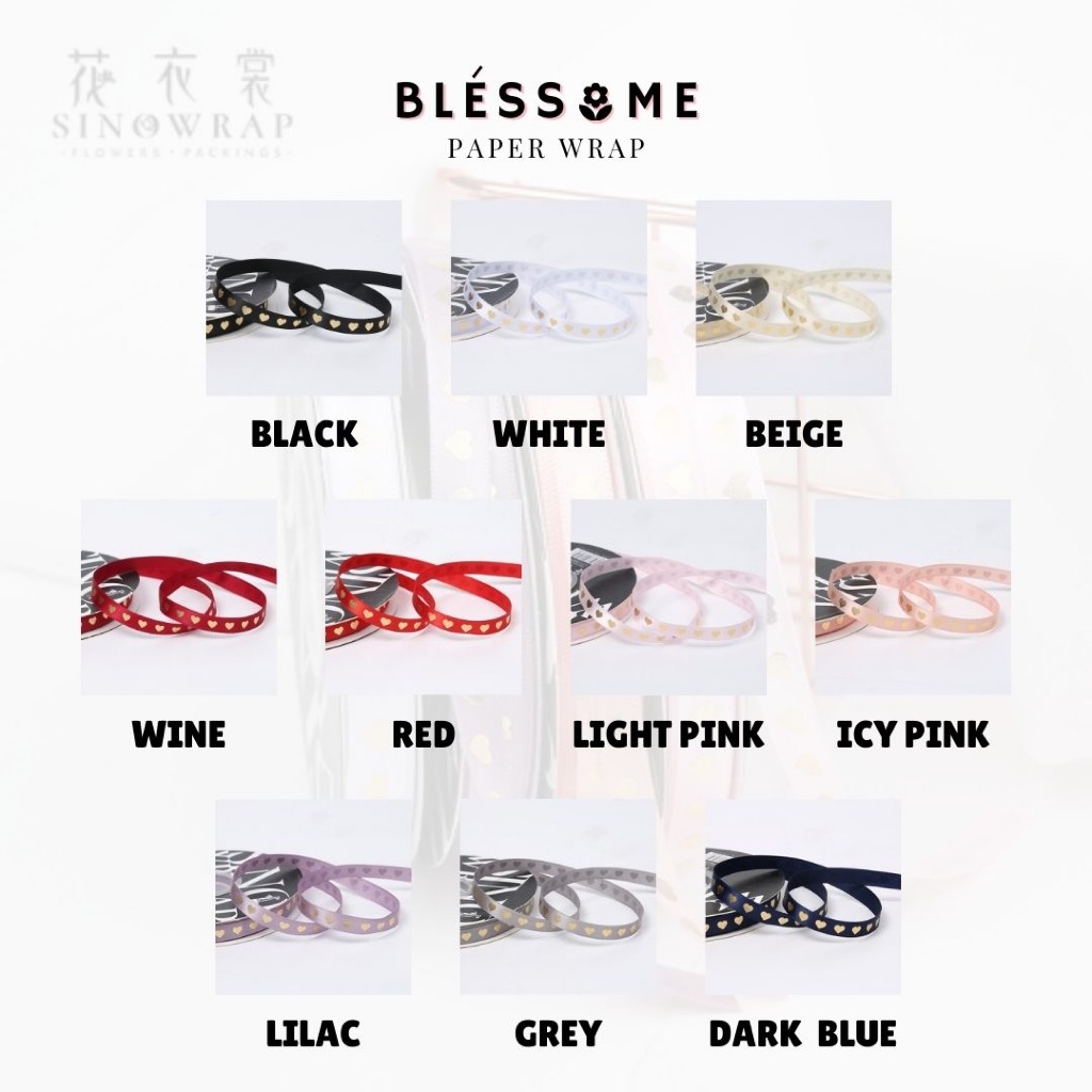 (1 ROLL) Ribbon Satin Love Foil Gold 1cm / Pita Satin Motif Hati 10mm 36 Yard / Pita Satin Valentine