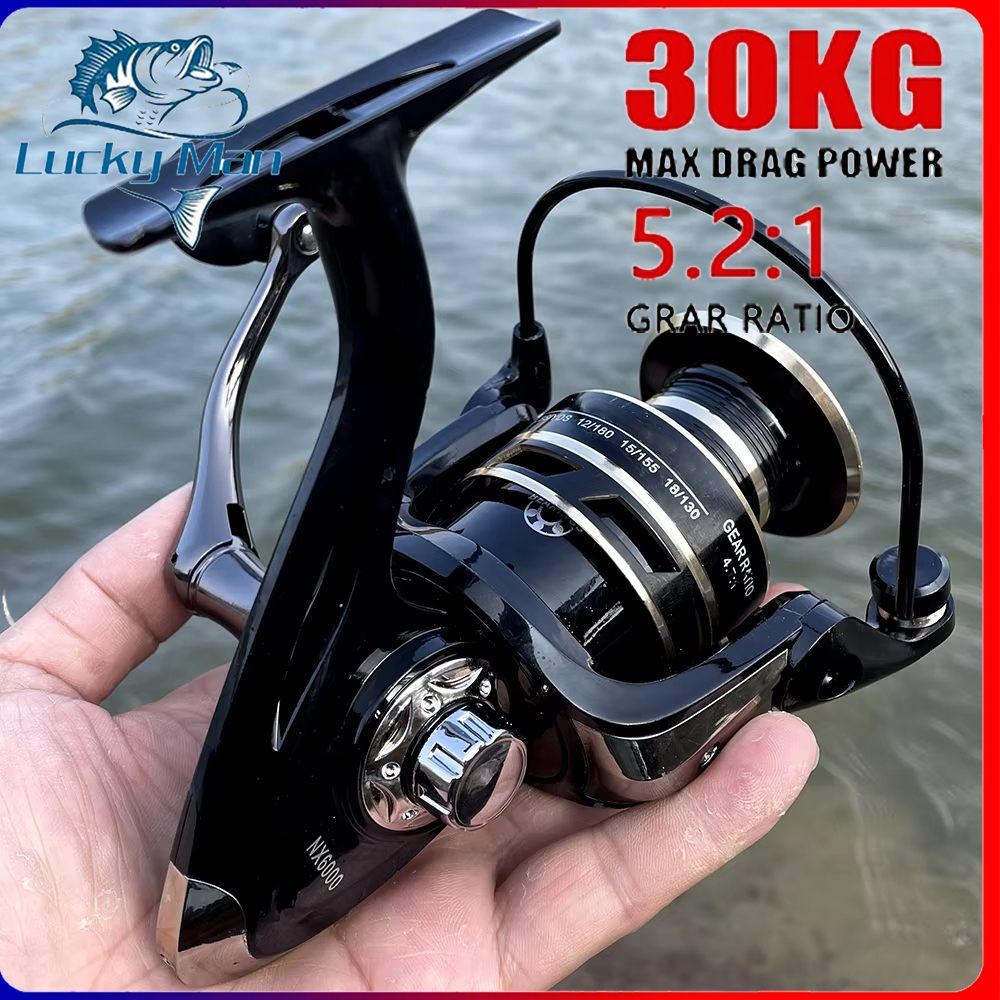 LUCKY MAN reel pancing Spinning Reel Drag 30 LBS Gear Ratio 5.2:1 Full Metal Body alat pancing reel 