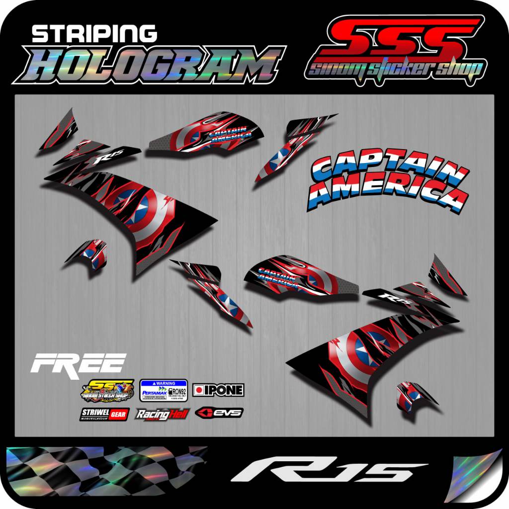 Sticker Decal Striping Hologram Yamaha R15 V3 Captain America
