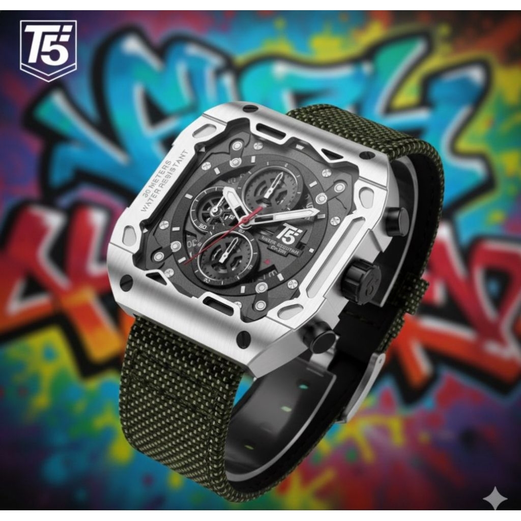 JAM TANGAN PRIA ORIGINAL T5 4096 STRAP KANVAS MODEL KOTAK TERBARU FULLSET C