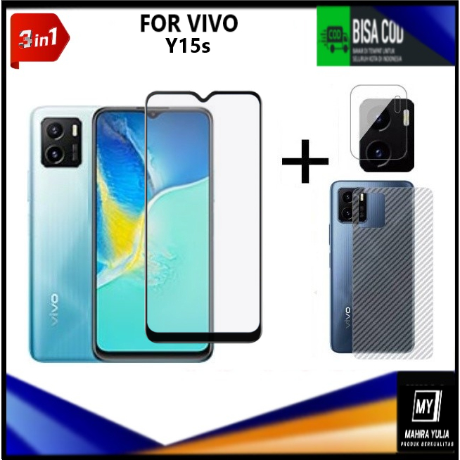 Promo Paket 3in1 Tempered Glass Vivo Y15s 2021 2022 Y01 Full Cover Anti Gores Kaca Full Layar Screen