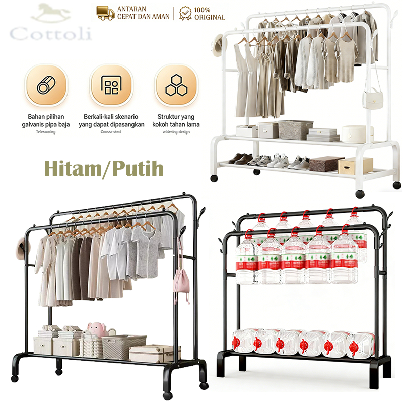 Cottoli Rak Gantungan Baju Dengan Roda Besi Gantungan Baju Multifungsi Berdiri Jemuran Baju Besi Mur