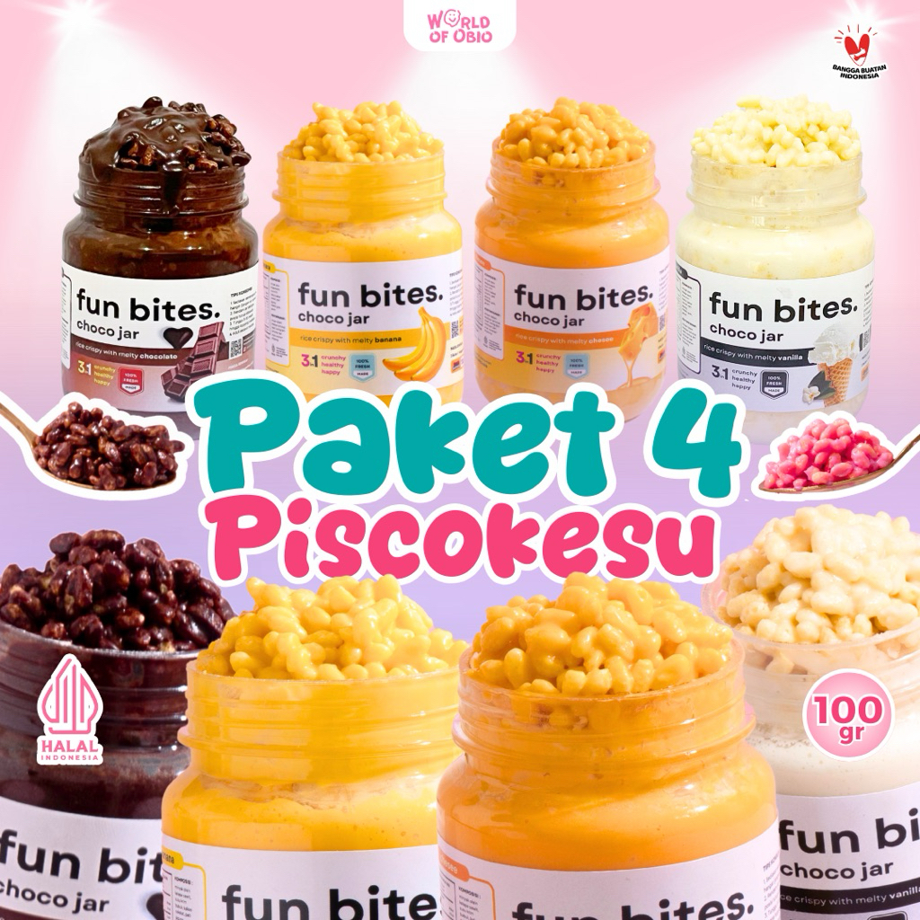 SNACK COKLAT OBIO Fun Bites PAKET PISCHOKESU (ISI 4) RICE CRISPY - Choco Jar Rasa Chocolate Topping 