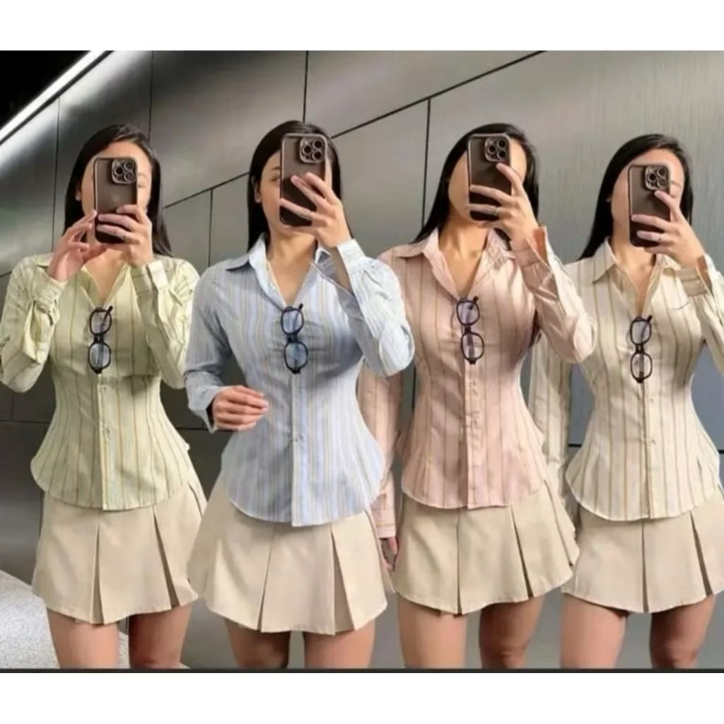 Monney Fitted Shirt Kemeja Slim Motif Stripe Kemeja kerja wanita fit garis stripe karet Lembut pink 