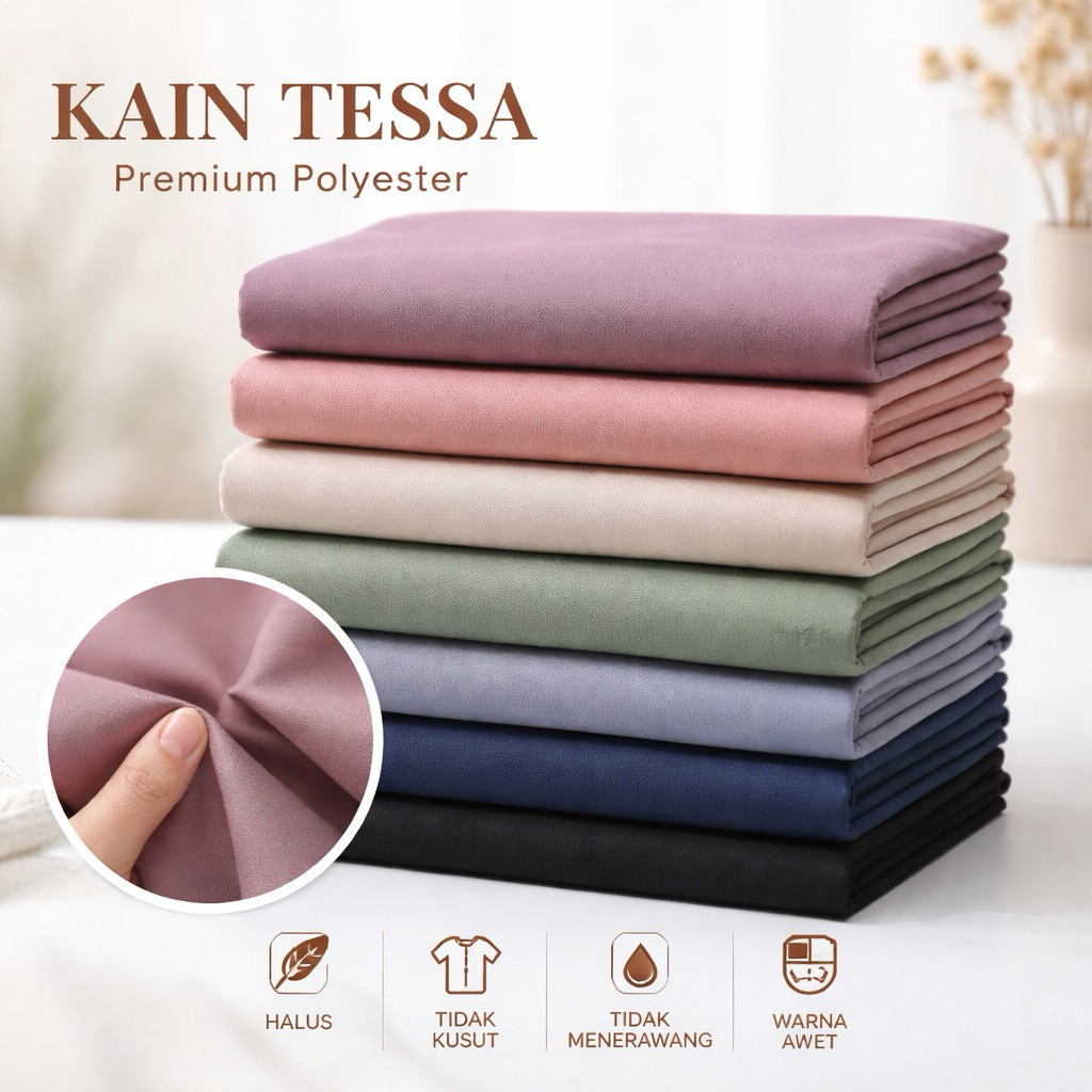 Kain Tessa Polos Tebal Lebar 115cm | Bahan Jas, Gamis, Kemeja, Rok, Seragam (Harga Per 0,5 M)