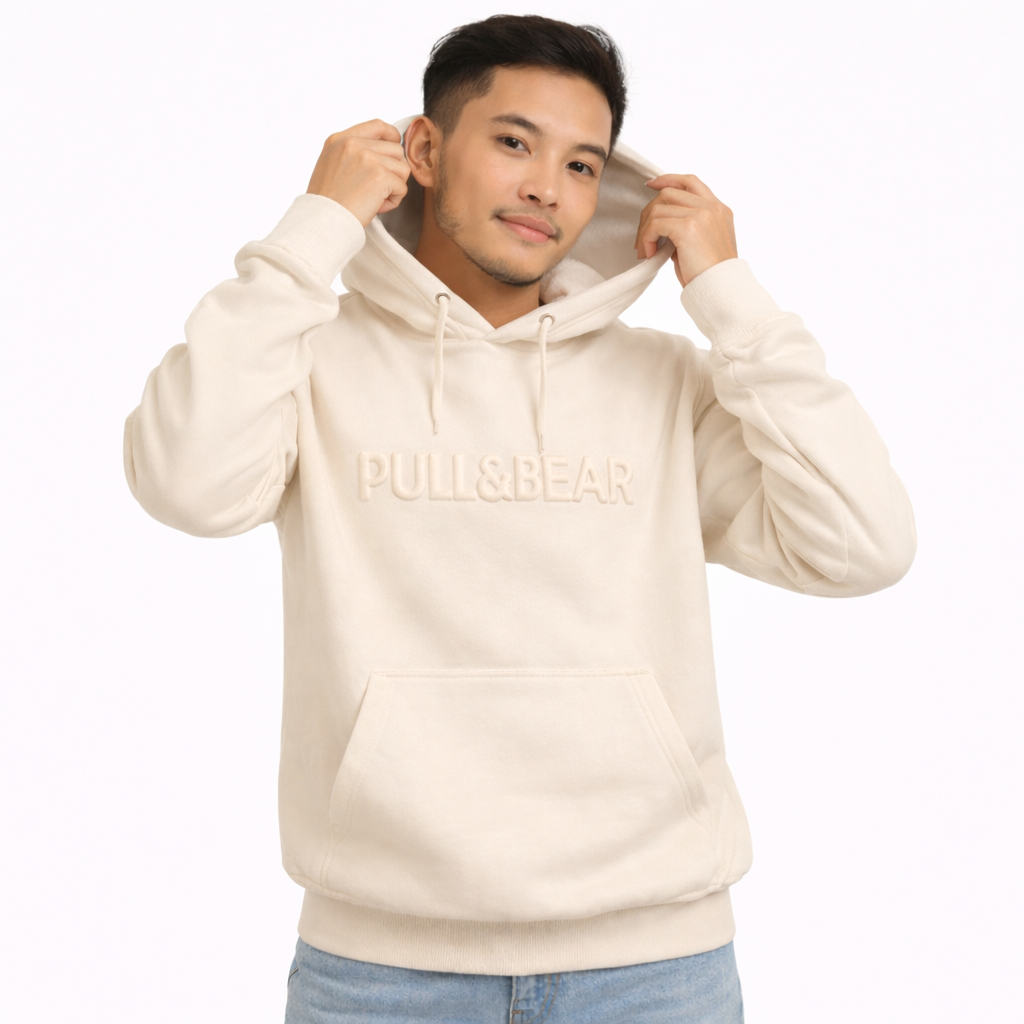 Hoodie Distro Pria Wanita Pull&Bear Cream 3D Embos Timbul - Sweater Hoodie Pull&Bear Tebal & Premium