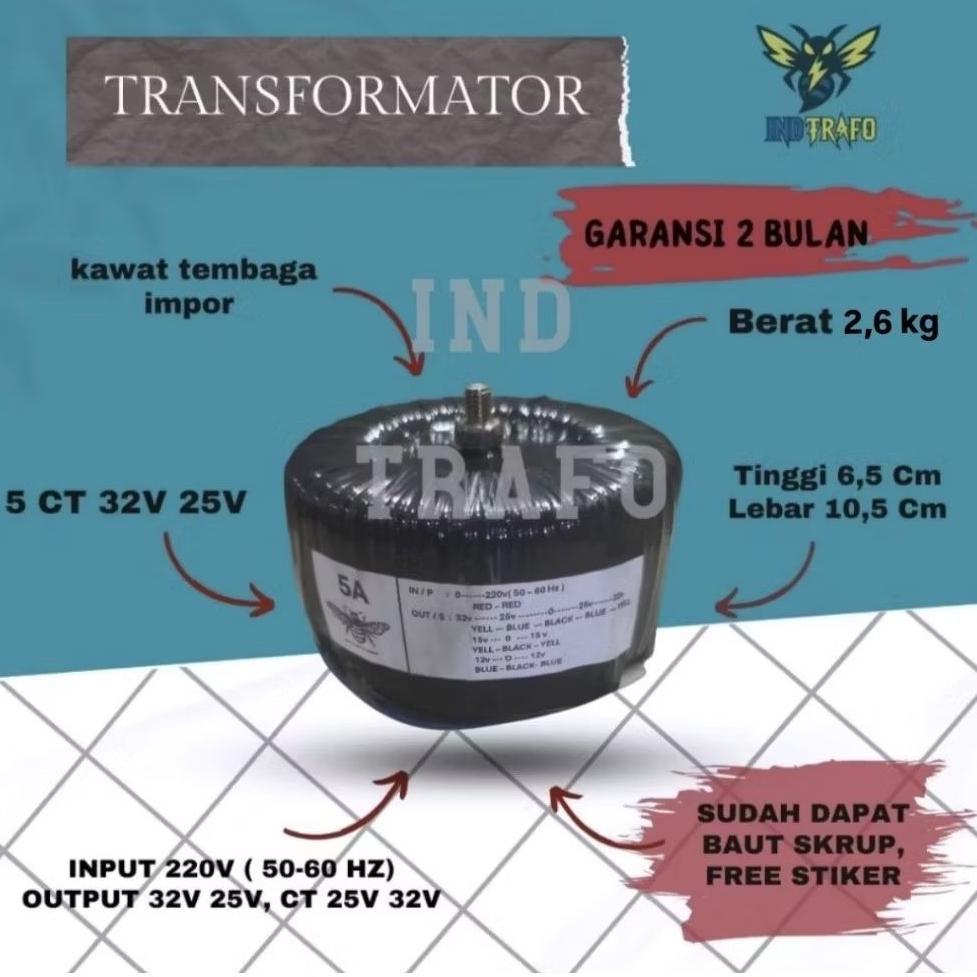 trafo toroid donat 5 ampere ct 32v - 25v