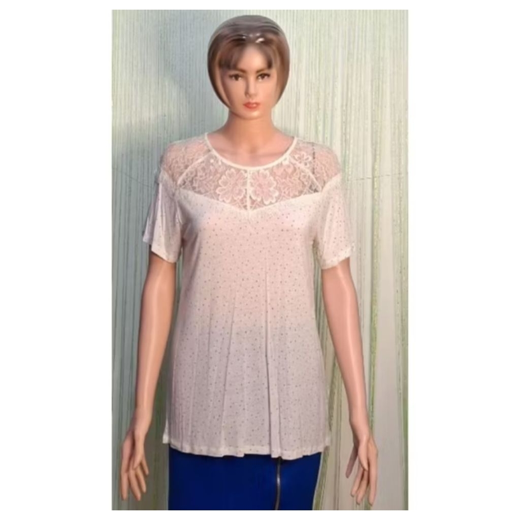 blouse blus wanita polkadot putih lengan pendek